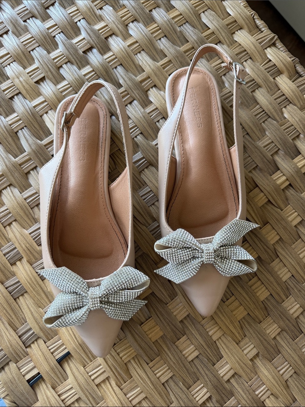 Women's Blush Pink Pointed Slingback Mules with Rhinestone Bow